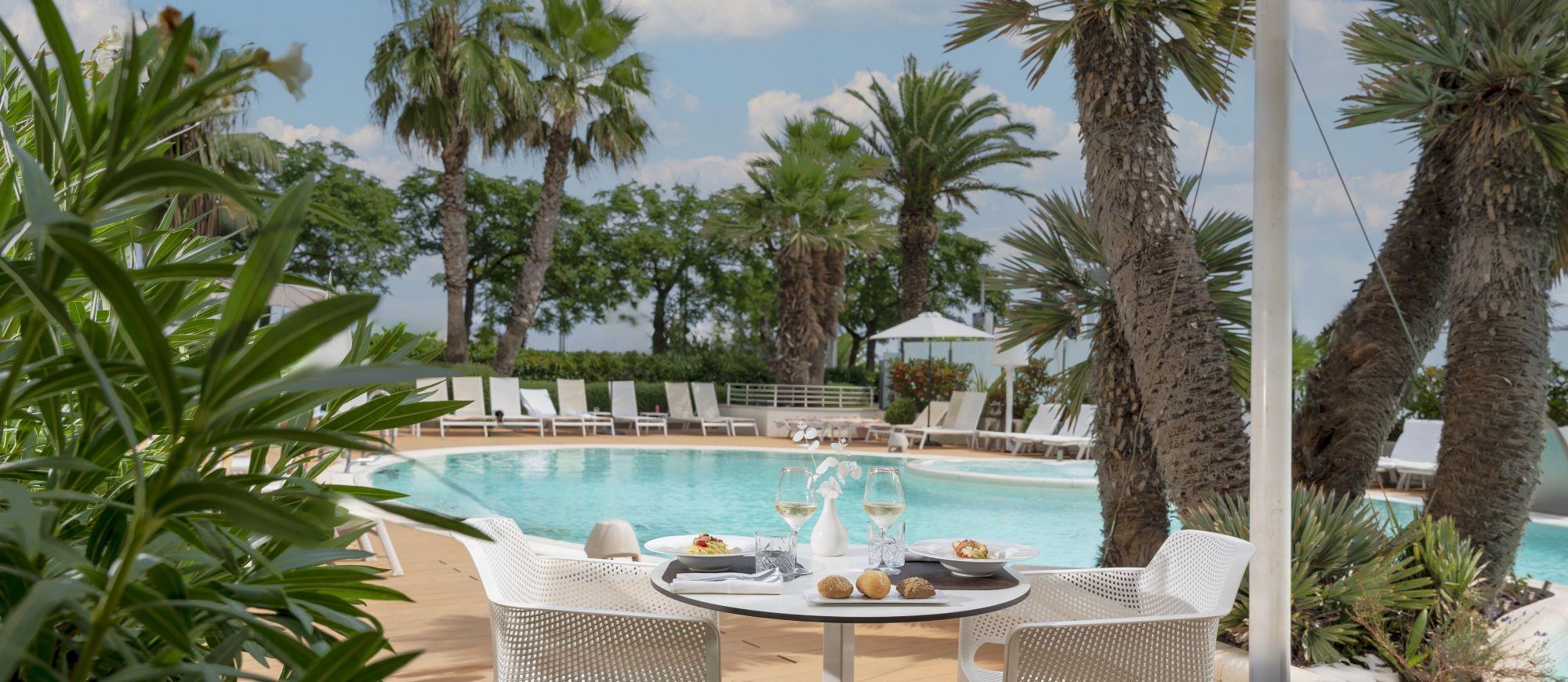 Piscina esterna con palme e lettini