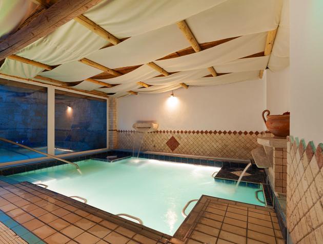 Piscina interna con cascata e soffitto in legno
