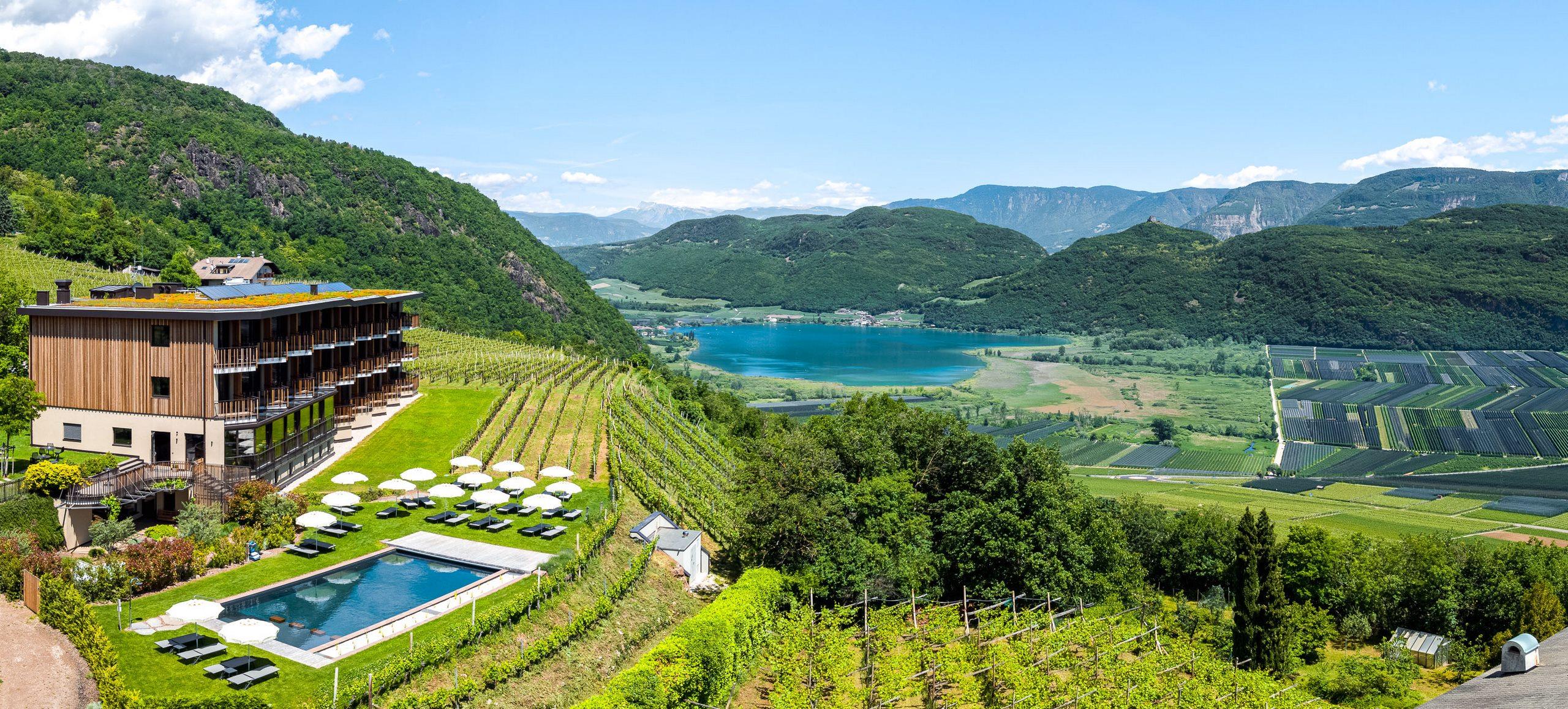 Vista panoramica dell'hotel Plattenhof circondato da vigneti