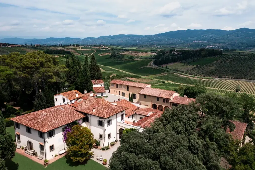 Vista aerea della villa con vigneti circostanti